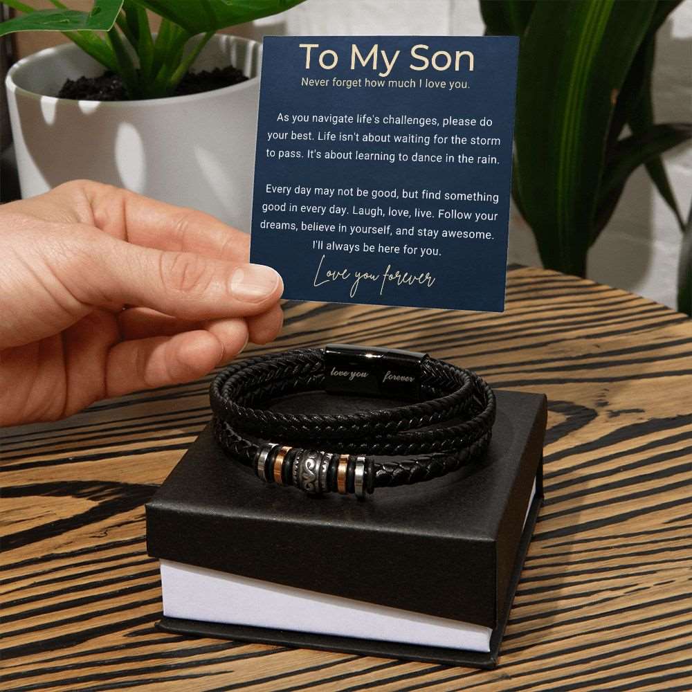 to My Son Bracelet from Mom & Dad Men’s Bracelets for Son Black Bracelet Leather “Forever Linked with My Son” Handmade Men's Braided Rope Bracelets