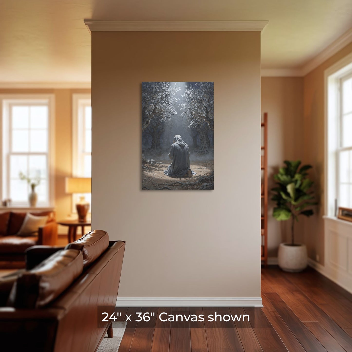 Canvas print of a person in a forest scene hanging on a wall in a living room.