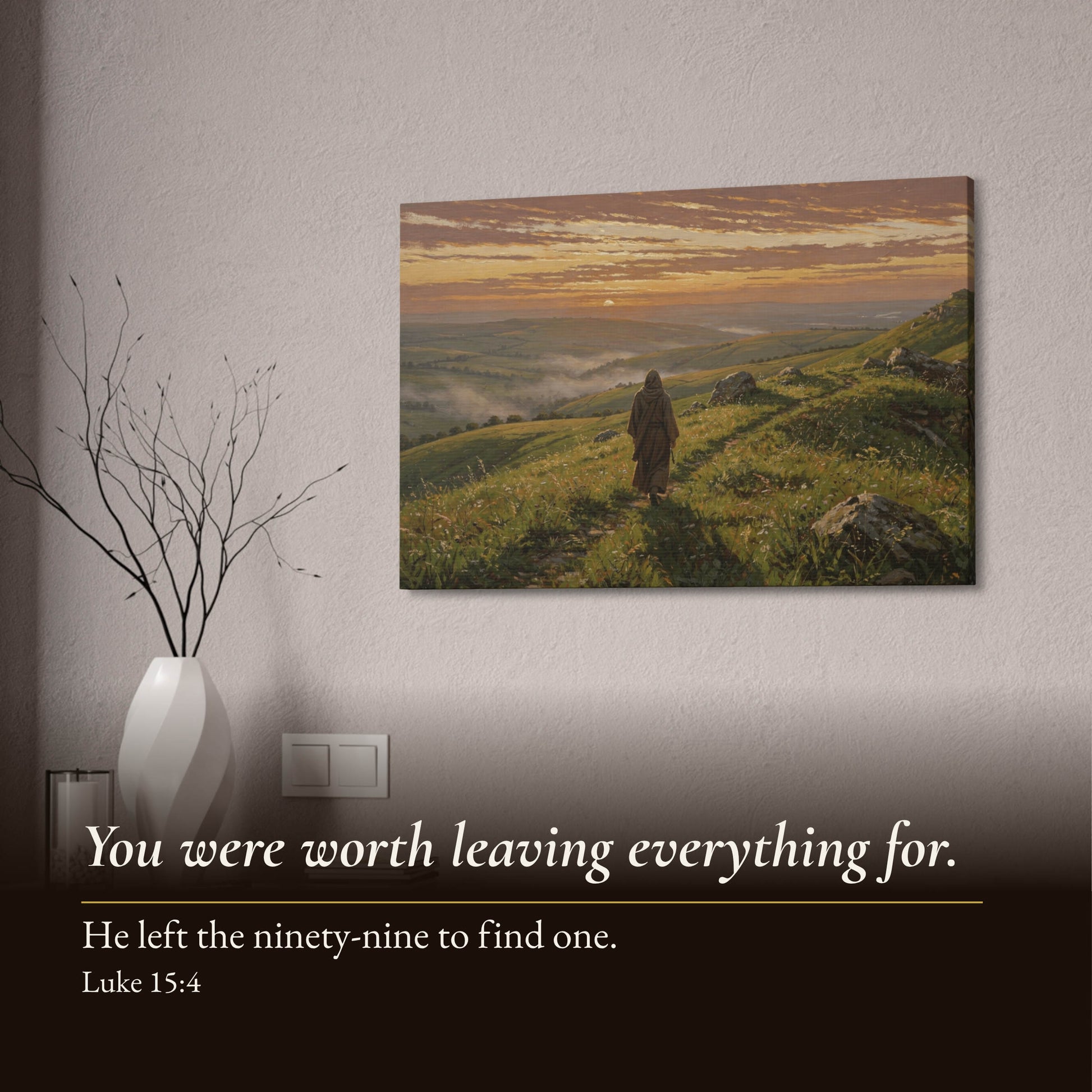 Painting of a person walking on a hill with a sunset, displayed on a wall with a motivational quote below.