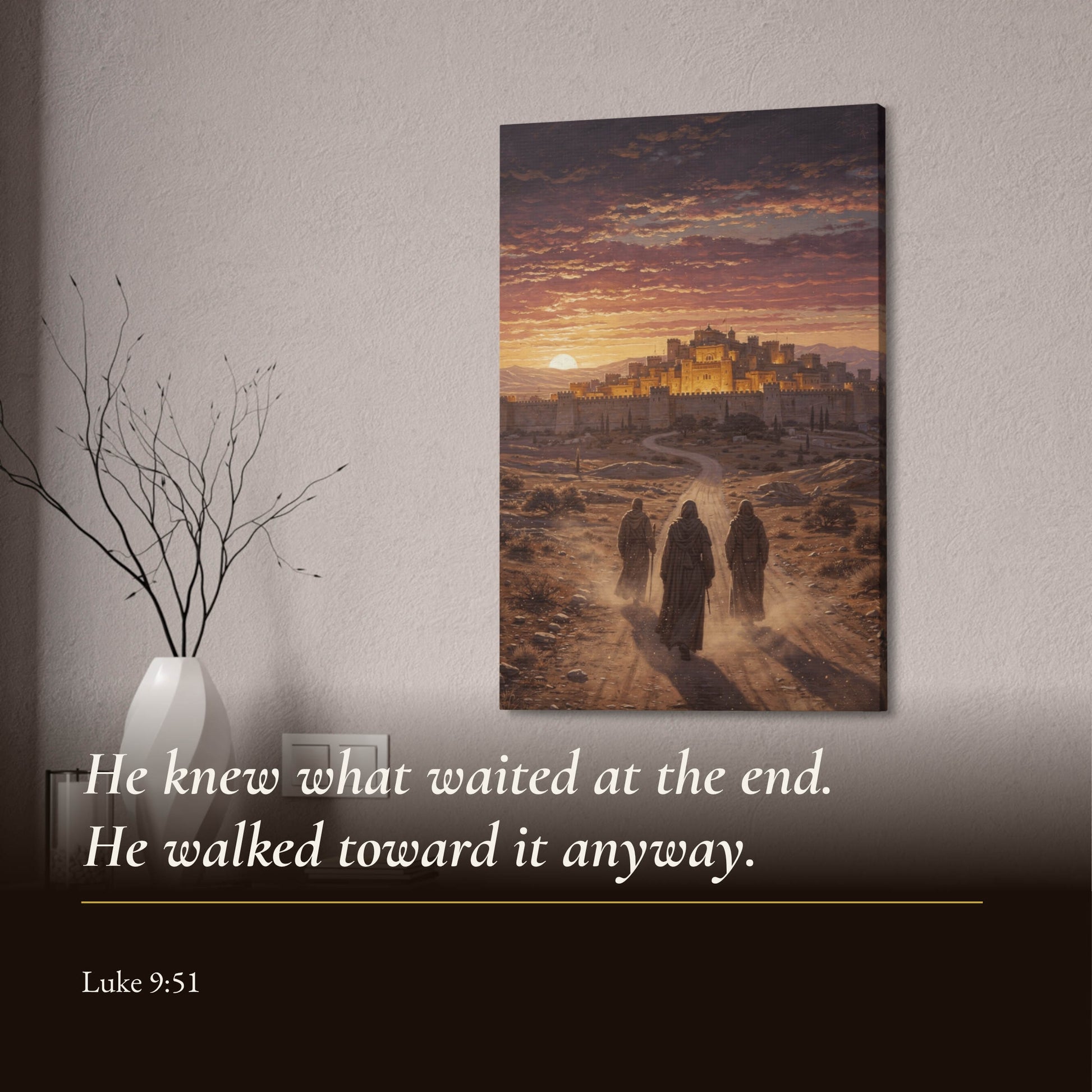 Canvas print of a sunset scene with people walking towards a city, accompanied by a motivational quote.