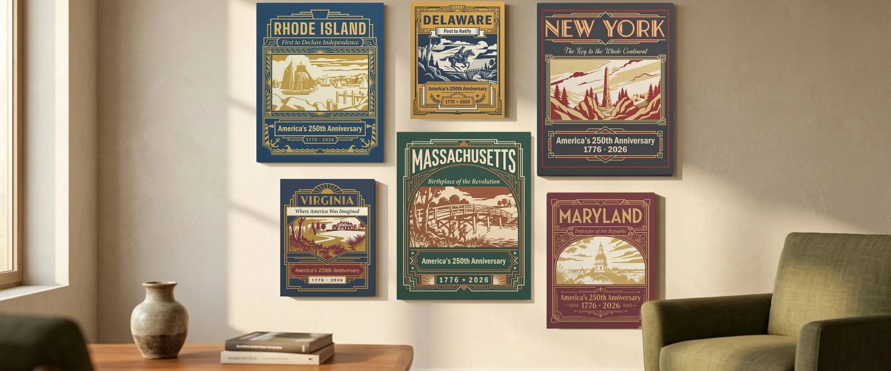 Set of America semiquincentennial anniversary vintage-style 13 state wall canvas posters on a wall with a chair and table in the foreground.