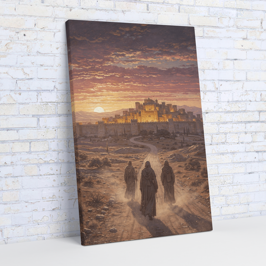 Three robed figures walking ancient dusty road toward Jerusalem at sunset — cinematic Jesus canvas wall art