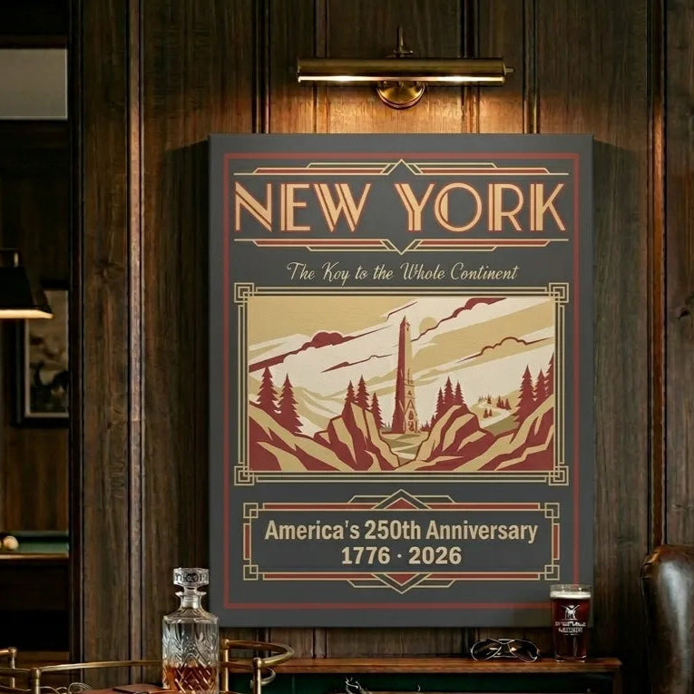 New York Art Deco WPA‑style poster featuring stylized mountains, trees, and monument with text ‘The Key to the Whole Continent – America’s 250th Anniversary 1776–2026,’ displayed in a warm vintage wood‑paneled man cave room.
