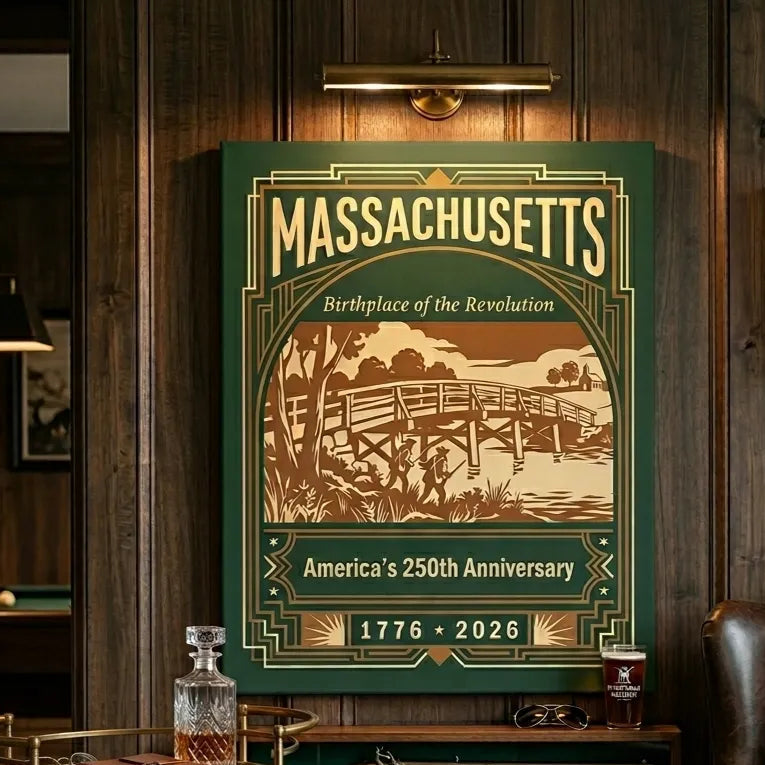 Massachusetts WPA‑style Art Deco poster featuring a wooden bridge and forest scene with text ‘Birthplace of the Revolution – America’s 250th Anniversary 1776–2026,’ displayed in a warm wood‑paneled man cave study with decanter, book, and rifle decor