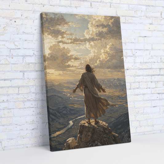 Jesus standing on a mountaintop at golden hour, vast landscape below, robed figure from behind — cinematic Christian canvas wall art