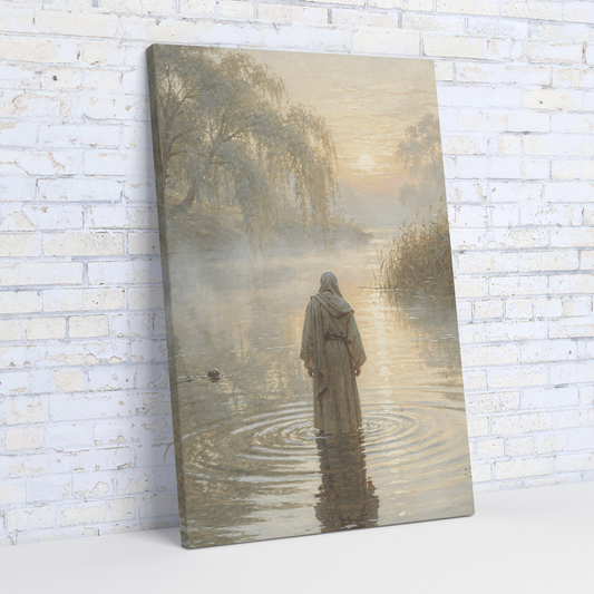 Jesus wading into still Jordan River at dawn, mist over water, robed figure from behind — baptism Christian canvas wall art