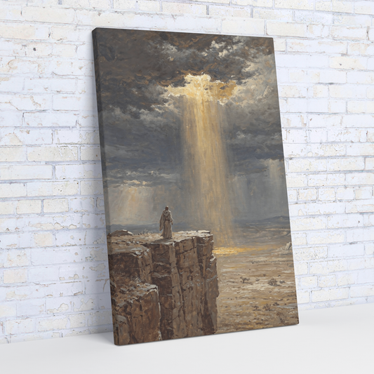 Jesus standing on cliff edge overlooking vast wilderness, stormy sky with single gold light column — Wilderness Temptation Christian canvas wall art