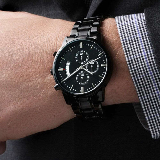 Customizable Engraved Black Chronograph Watch for Men