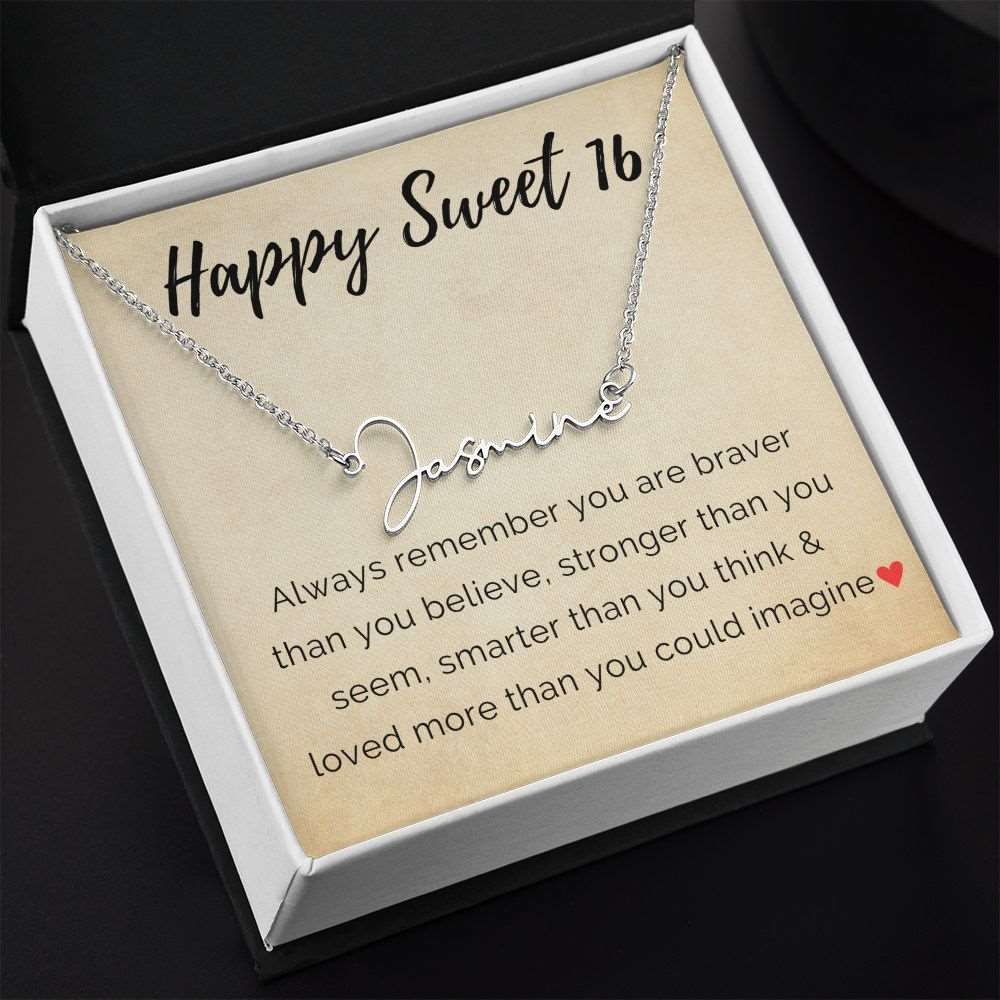 Personalized Sweet 16 Necklace - A Unique Birthday Gift Looking for a unique and sentimental gift idea for a Sweet 16 birthday? Our personalized Sweet 16 Birthday Signature Name Necklace is the perfect choice. Customize the pendant with their very own name for a one-of-a-kind keepsake. Made from high-quality materials, this necklace is both stylish and versatile, and is sure to make a statement wherever it's worn. Order now and give a gift that will be cherished for years to come!