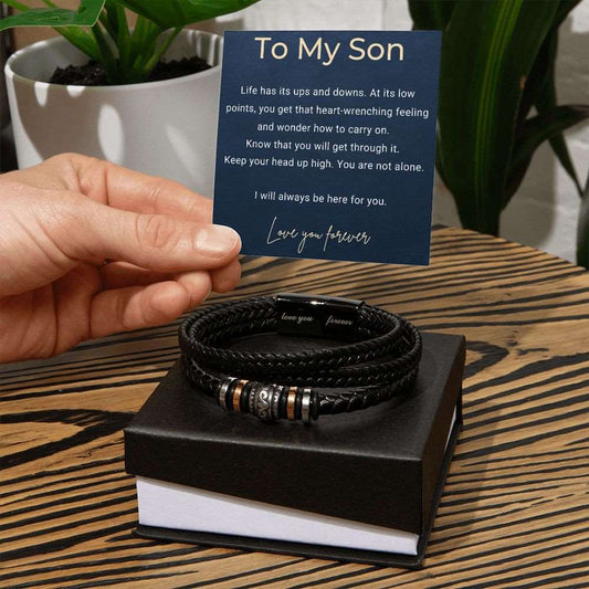 Express your love with a heartfelt message card accompanying this special vegan leather bracelet for men. Show your son how much he means to you. It really makes a meaningful gift from Mom or Dad. Love You Forever is engraved on the clasp. Makes a great gift for a birthday, graduation, Christmas, Father’s Day, or as an encouragement gift while going through a difficult time