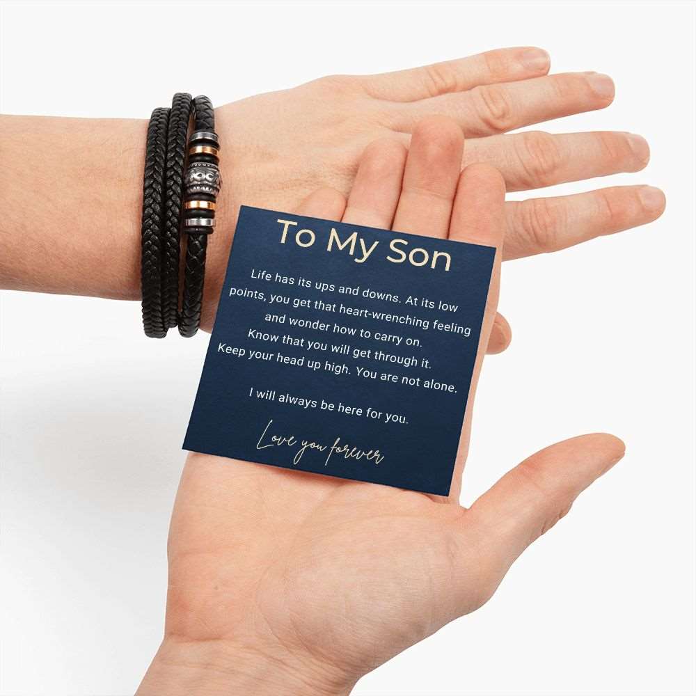 Express your love with a heartfelt message card accompanying this special vegan leather bracelet for men. Show your son how much he means to you. It really makes a meaningful gift from Mom or Dad. Love You Forever is engraved on the clasp. Makes a great gift for a birthday, graduation, Christmas, Father’s Day, or as an encouragement gift while going through a difficult time